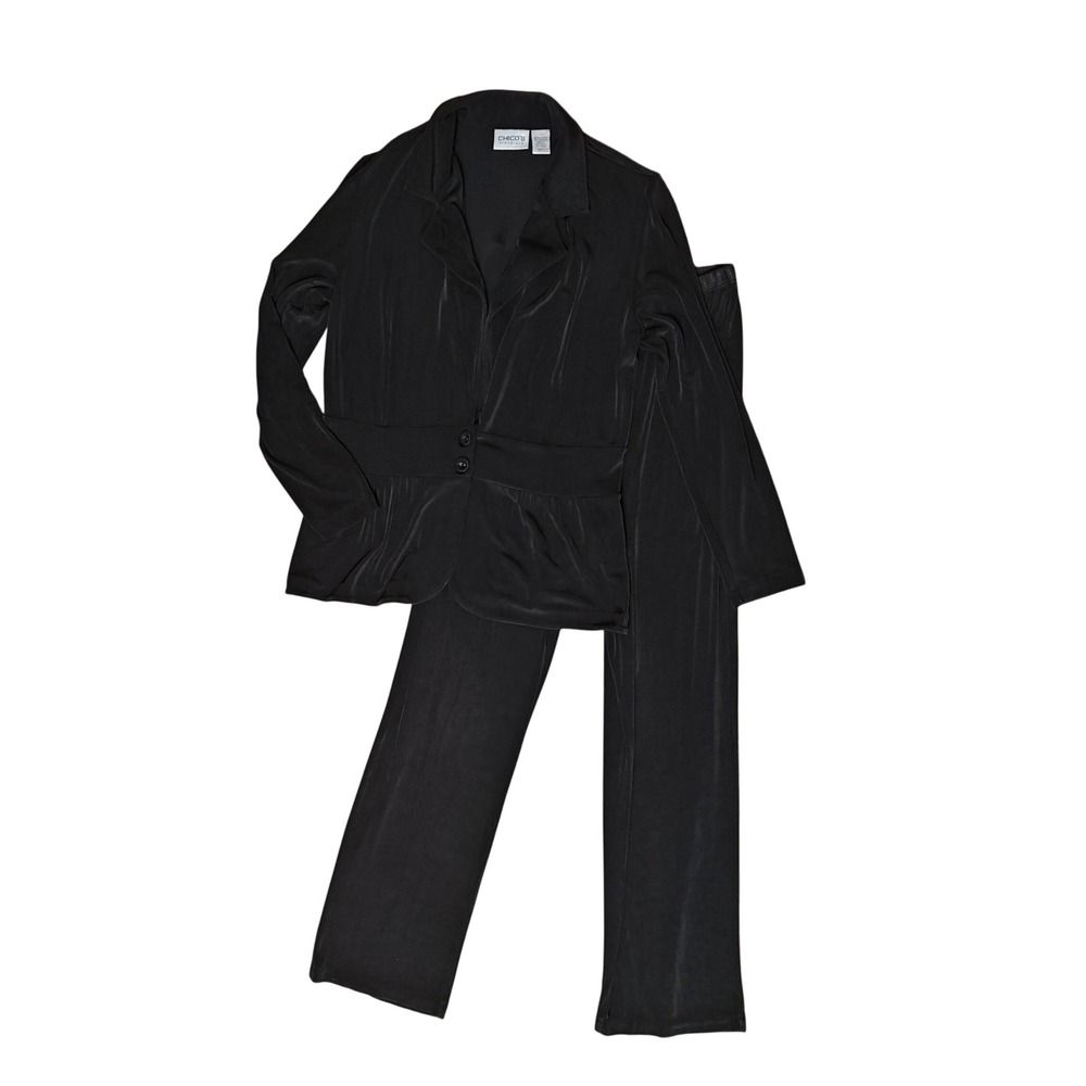 Chico's Travelers Pant Suit Womens Size M/L Black 2pc Blazer Straight Leg Set